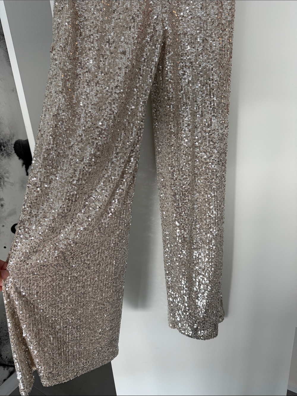 Sequin Champagne Jumpsuit, Slit Wide Leg, L - Picture 2 of 7
